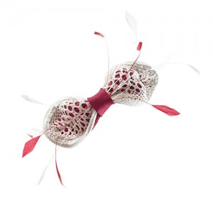 Bow made of sisal straw and paper, cherry red white, clip