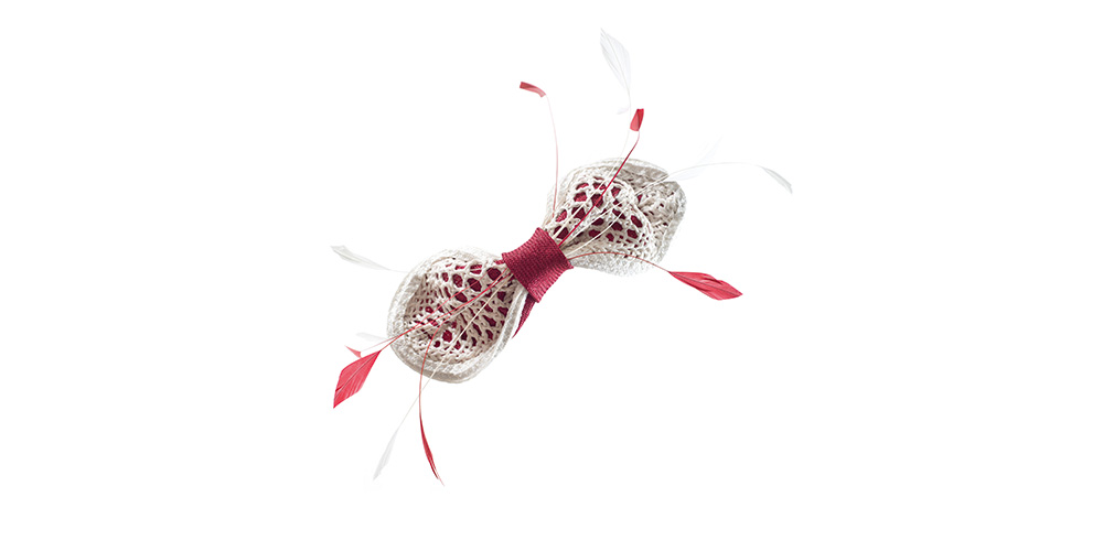 Bow made of sisal straw and paper, cherry red white, clip