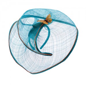 Large sisal straw headband, turquoise with copper-coloured piping + butterfly