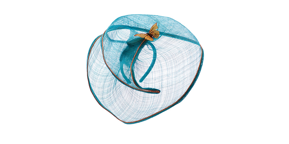 Large sisal straw headband, turquoise with copper-coloured piping + butterfly