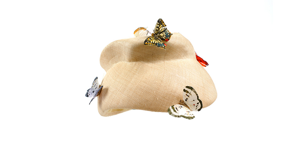 Natural toque sisal straw with colourful butterflies