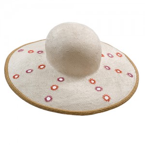 Sisal straw hat white, embroidered holes