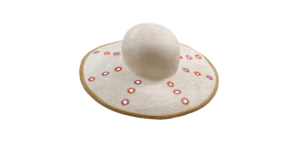 Sisal straw hat white, embroidered holes
