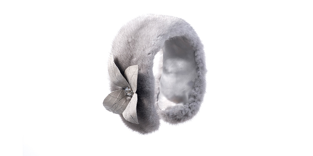 Mink fur earmuffs with leather flower