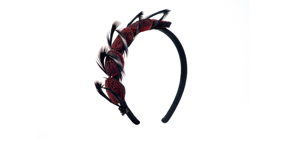 Headband bordeaux, felt snails with goose feathers
