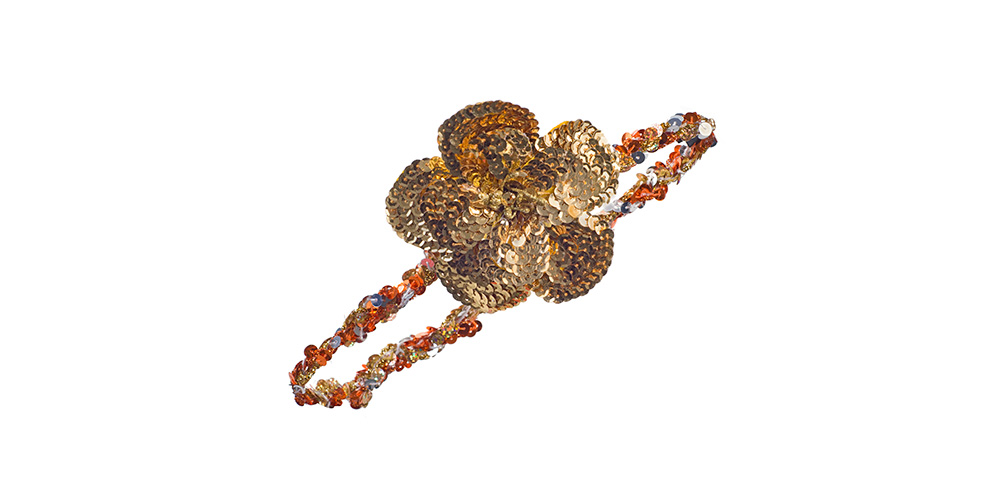 Pailettenbando mit goldener Blüte, Gold/Silber/Kupfer