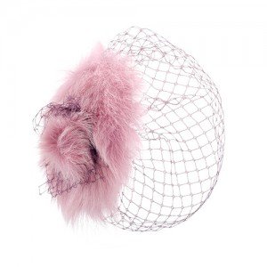 Headpiece, lamb pink with a mauve coloured veil