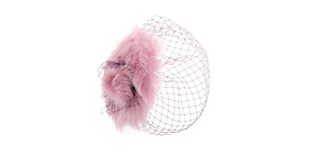 Headpiece, lamb pink with a mauve coloured veil