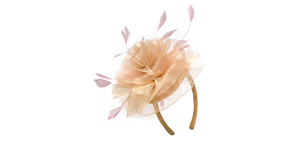 Headband, sisal straw/metal organza, straw coloured/red