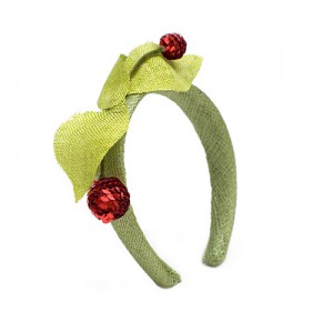 Headband with cherries, sisal straw/sequins, absinthe/red