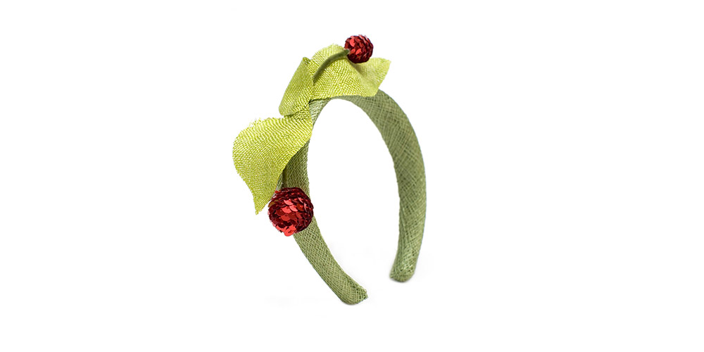 Headband with cherries, sisal straw/sequins, absinthe/red