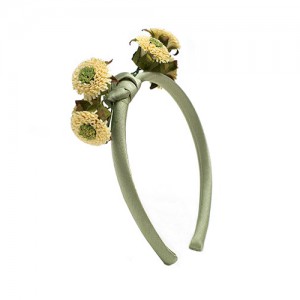 Narrow headband with flowers, silk/paper, lime green/off-white
