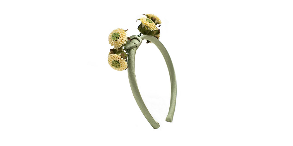 Narrow headband with flowers, silk/paper, lime green/off-white