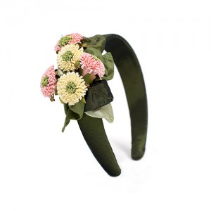 Wide headband with flowers, silk/paper, lime green/pink