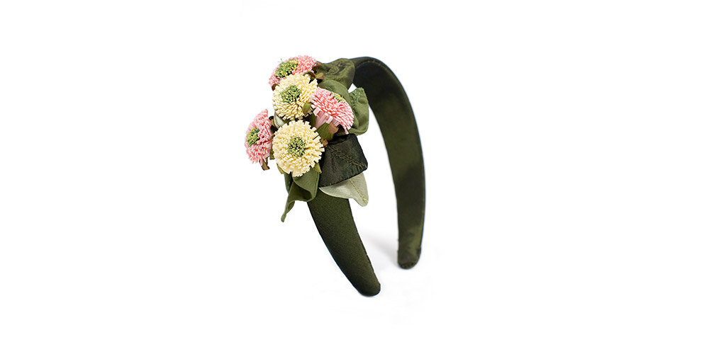 Wide headband with flowers, silk/paper, lime green/pink