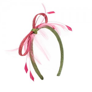 Headband with veil, sisal straw/feathers, lime green/magnolia