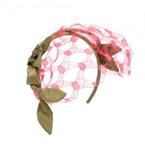 Headband, leaves and veil, sisal straw / silk, lime green/magnolia