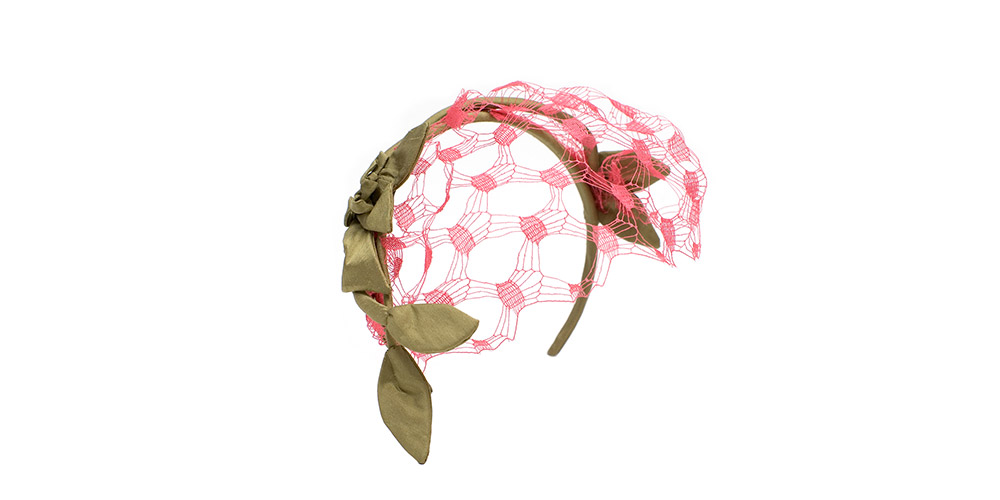 Headband, leaves and veil, sisal straw / silk, lime green/magnolia