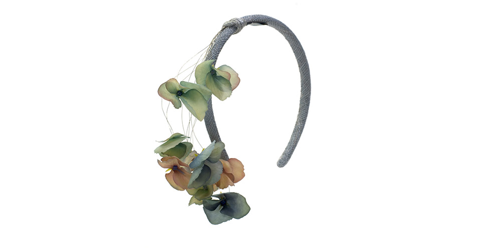 Headband sisal straw, grey with flowers