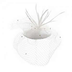 Disk with white satin, veil and quill pen feathers