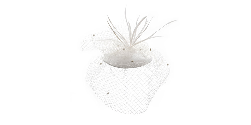 Disk with white satin, veil and quill pen feathers