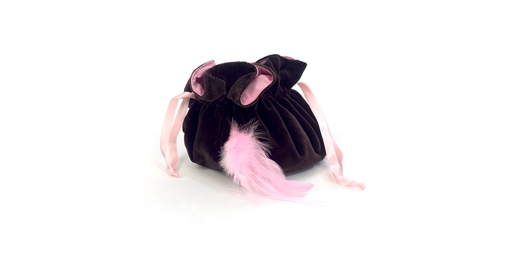 Pompadur pouch, brown velvet, pink silk, and rooster neck feathers