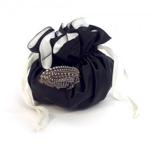 Pompadur pouch, black and white silk and guinea fowl feathers
