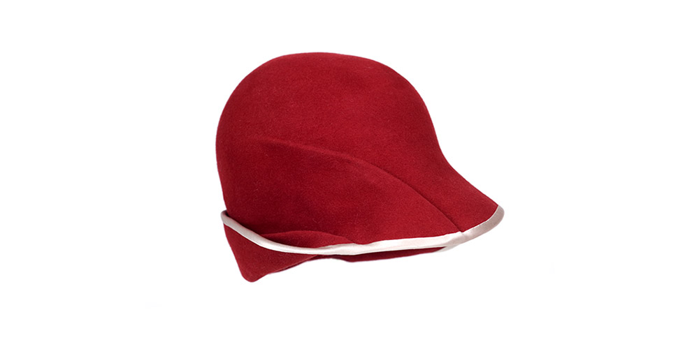 Red felt umbrella hat with grooves and white edging