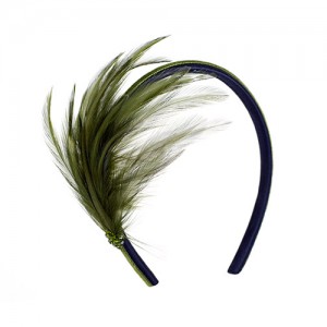 Satin headband with green feathers and Swarowskis