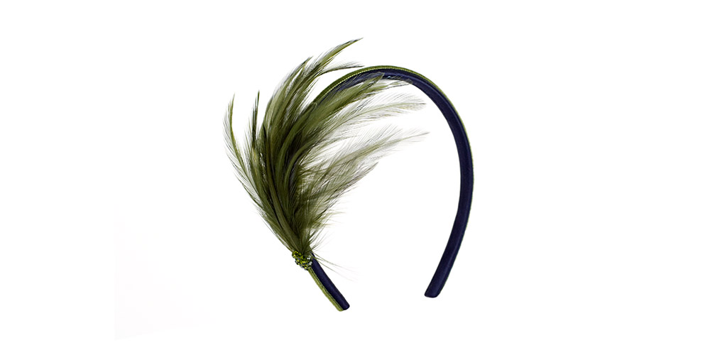 Satin headband with green feathers and Swarowskis