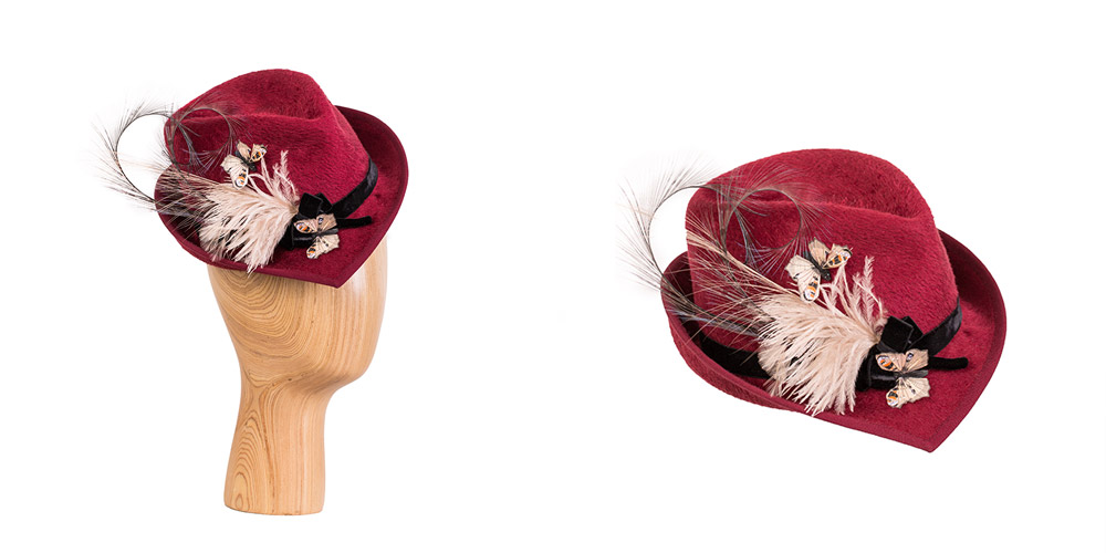 Melousine fur felt with velvet and feather garnish, in collaboration with Annette Petermann